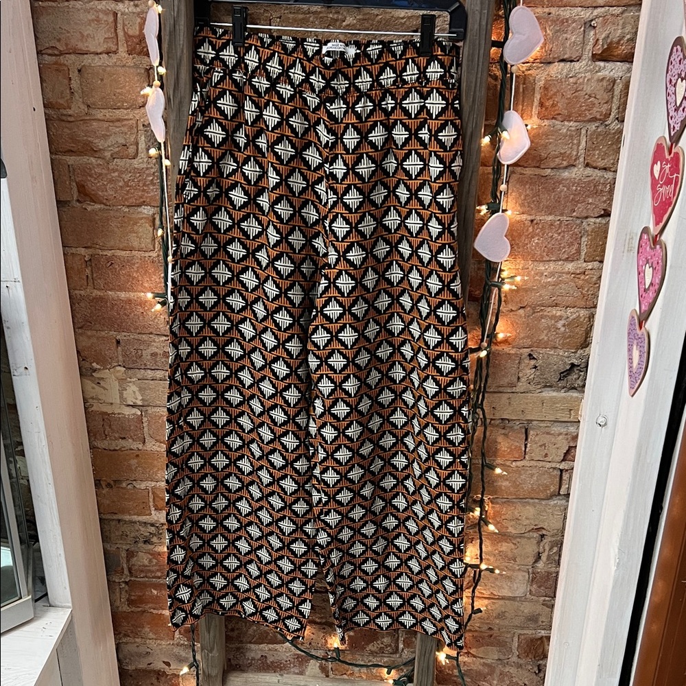 100% Linen Geometric Patterned Wide-Leg Pants